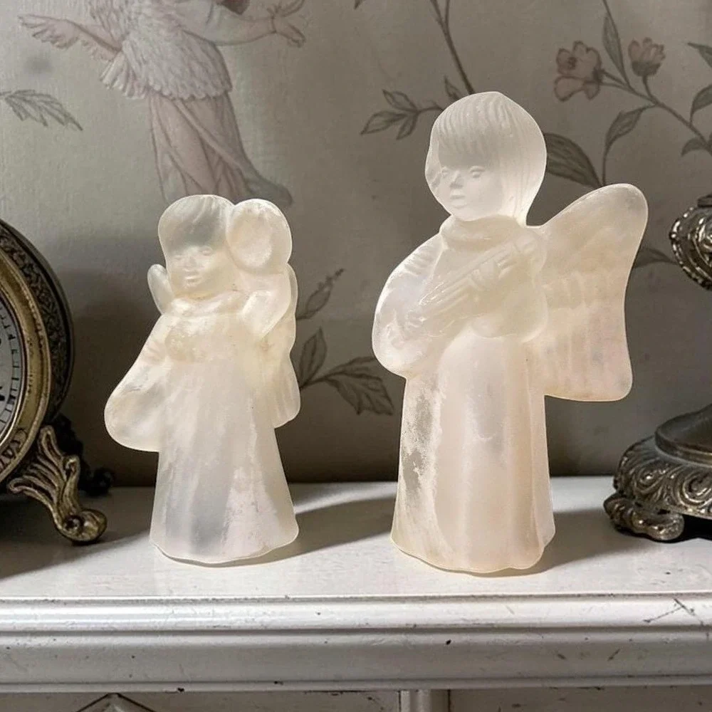 Frosted Glass Angel Candleholders, Set of 2, Vtg Candlestick Holders, Sculptures